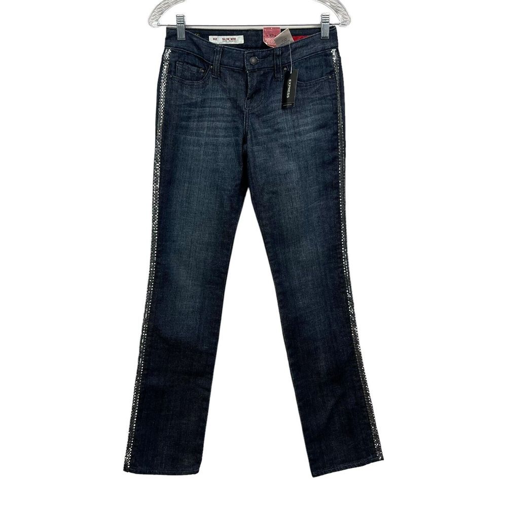 Express X2 Women Jeans Stretch Slim Straight Low Rise Metallic Trim Detail Sz 0*